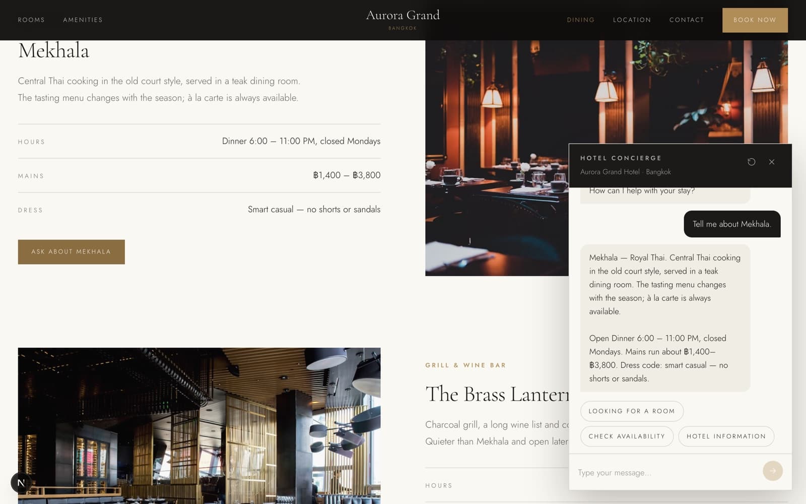 Dining page listing a restaurant's hours, price range and dress code, beside the chat panel answering about it