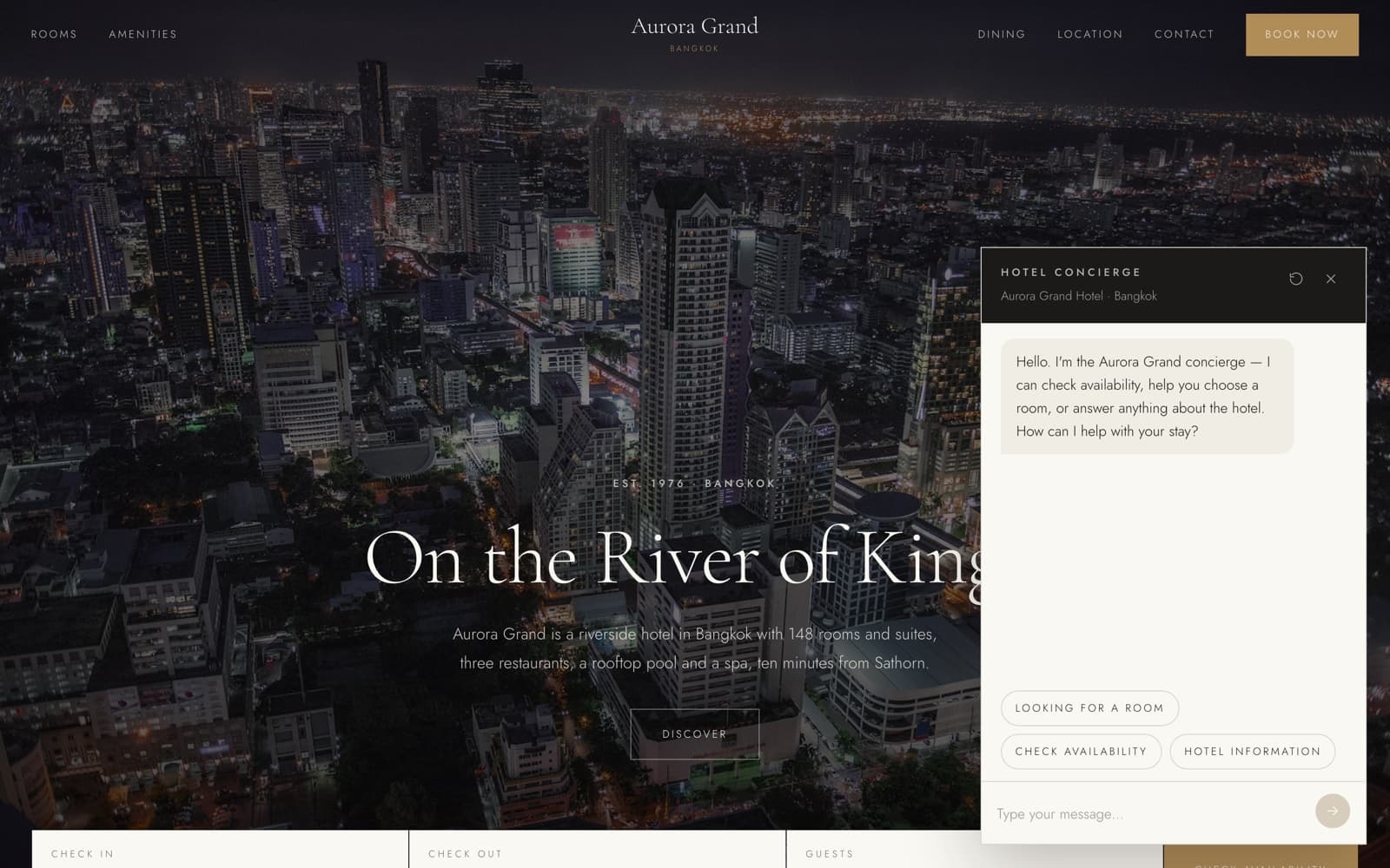 Hotel landing page hero with site navigation, a check-in and guests booking bar, and an open concierge chat panel