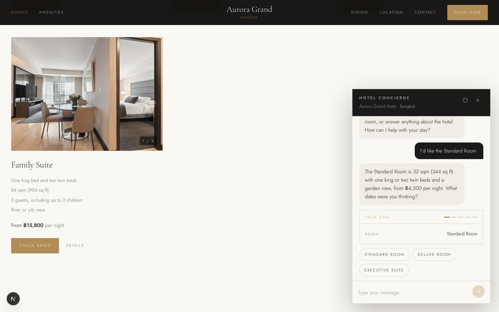 Rooms page showing a suite with its size, bed setup, nightly rate and a check rates button, beside the chat panel